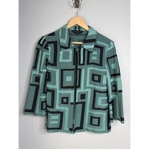 Ming Wang SMALL Green Black Block Boxy Geometric cardigan sweater long sleeves
